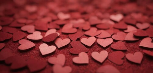Red cardboard hearts scattered everywhere. - obrazy, fototapety, plakaty