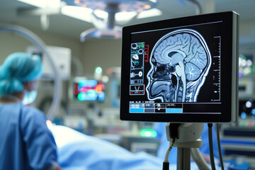 Using tomography CT imaging scan, brain of comatose patient in medical intensive care unit is analyzed AI Generation