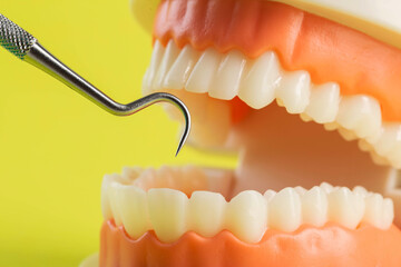 dental instrument on a yellow background near a dental jaw mockup. The concept of disease and dental treatment in dentistry. Periodontitis and gingivitis of the oral cavity.  - obrazy, fototapety, plakaty