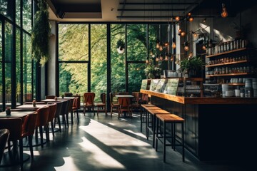 Stylish cafe interior with green plants and natural light