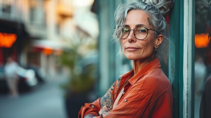Middle age mature woman with tattoos standing over street background copy space, presenting advertisement smiling excited happy