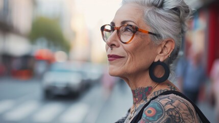 Middle age mature woman with tattoos standing over street background copy space, presenting advertisement smiling excited happy
