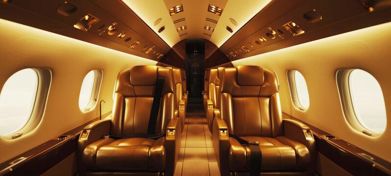 Business jet plane interior with leather comfortable seats, luxurious first-class cabins, Private airplane transfer, fly-to meetings, luxury lifestyle, celebrity