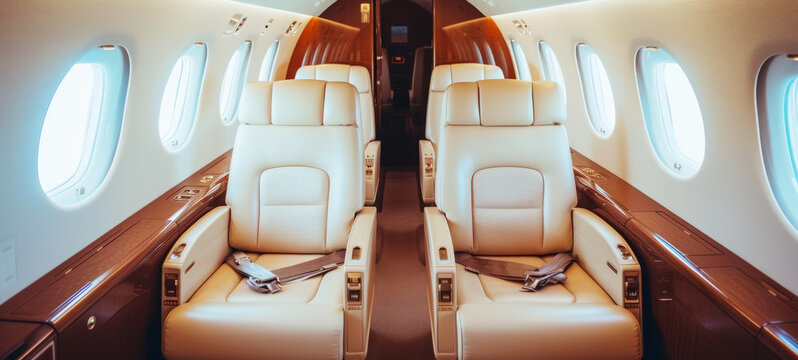 Business jet plane interior with leather comfortable seats, luxurious first-class cabins, Private airplane transfer, fly-to meetings, luxury lifestyle, celebrity
