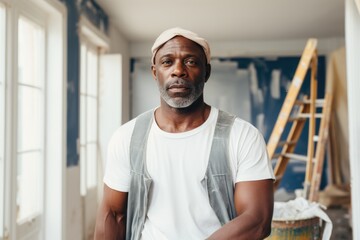 Portrait of a middle-aged construction worker in a renovated room