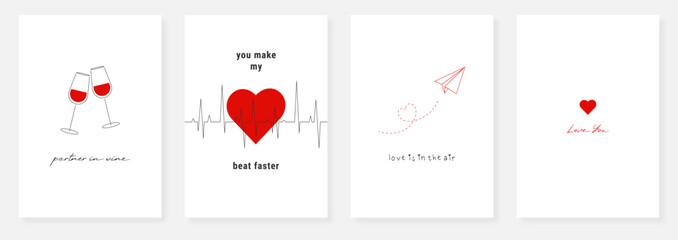 Minimalistic valentine cards, posters with paper plane, wine glasses, heart in flat style. Simple black and white cards with red accent for February 14
