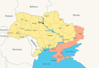 Ukraine, administrative map with occupied territories by Russia, as of January 2024. Vector illustration - obrazy, fototapety, plakaty