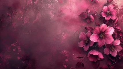 Foto auf Acrylglas Shabby chic burgundy background with vintage minimalistic abstract flowers and copy space, abstract velvet red vintage wallpaper, minimalistic retro backdrop © iv work
