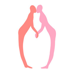 Silhouette of two kissing people in love, holding hands.