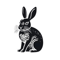 Obraz premium Cartoon bunny in a minimal linocut style , black and white, isolated on white background