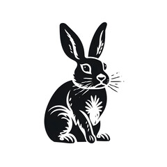 Obraz premium Cartoon bunny in a minimal linocut style , black and white, isolated on white background