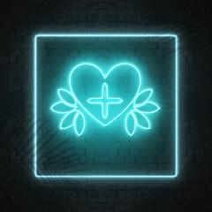medical heart, plus with leaf icon cyan neon effect, frame, leave shadow and dark wall  backdrop