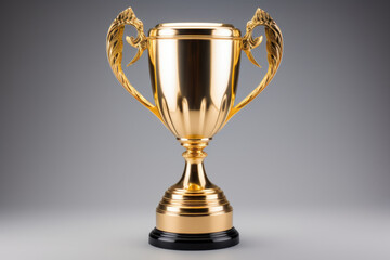 Fototapeta premium champion golden trophy placed on table, copy space ready for your design win concept