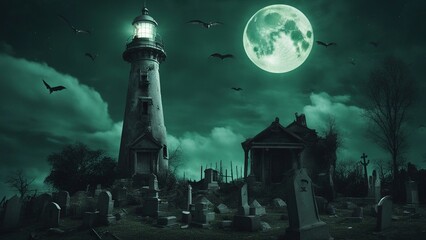 halloween night scene A scary lighthouse in a haunted graveyard, under a full moon.  