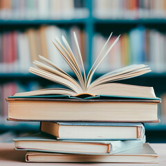 Fototapeta premium open book lying on a stack of books in a library