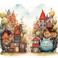 Castles and fairytale houses in strange landscapes Narrated in charming illustrations with elements of fantasy, art, and urban architecture.