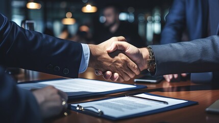 Close up of business people negotiating a contract and shaking hands in agreement during a meeting - obrazy, fototapety, plakaty