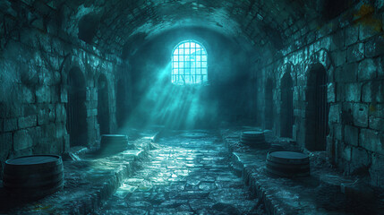 Underground old medieval dungeon jail cells, fantasy aventure tabletop role play game setting, dark and creepy rp table top background, hd