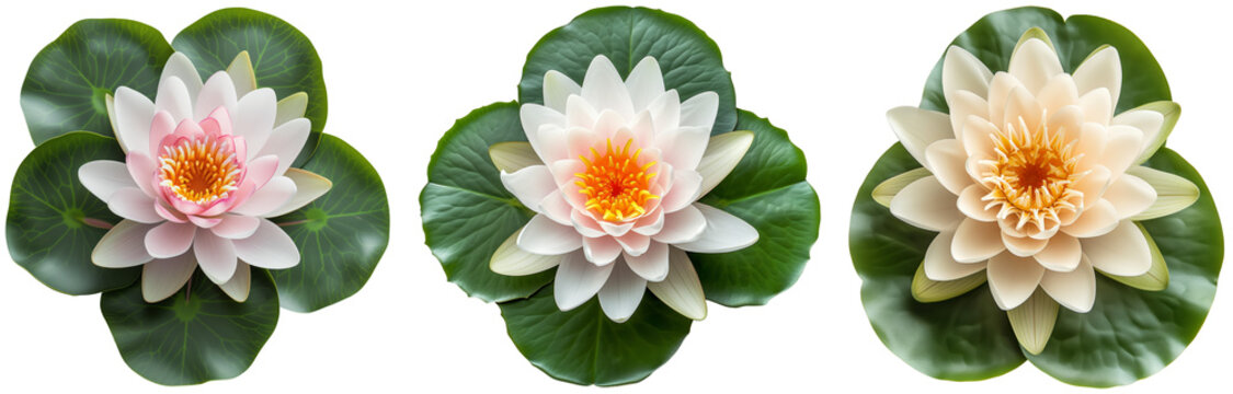 Collection of three white lotus blossoms isolated on a transparent background