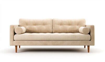 Soft empty beige sofa stands on white isolated background. comfortable fabric couch is alone against the background of white wall. copy space