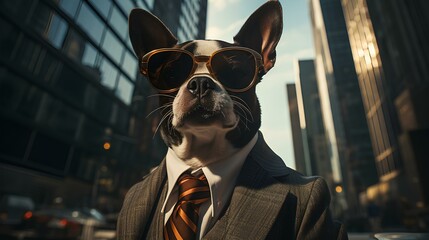 A dog wearing a business suit with a tie and sunglasses near big skyscrapers. Generative AI.