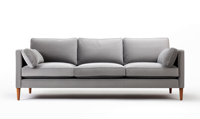 Soft empty grey sofa stands on white isolated background. comfortable fabric couch is alone against the background of white wall. copy space