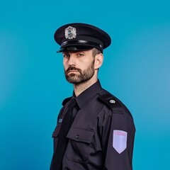 Portrait of a male police officer in uniform on a minimalist background with copy space.
Concept: representative of state security, cop or law enforcement officer