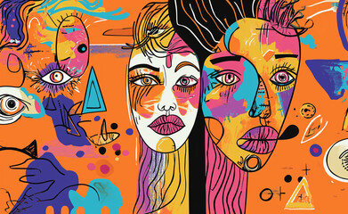 Obraz premium Abstract Faces: Contemporary Doodle Patterns on Orange
