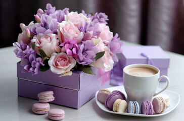 Fototapeta na wymiar a cup of coffee and some macaroons on a table with a box of flowers and a box of macaroons, generative ai