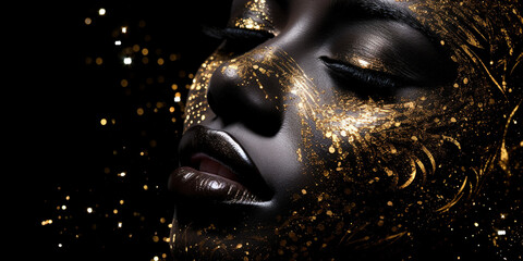 A close-up macro portrait of a dark-skinned african model woman with golden glitter and make up. Gold glitter surrounding her. Dark background