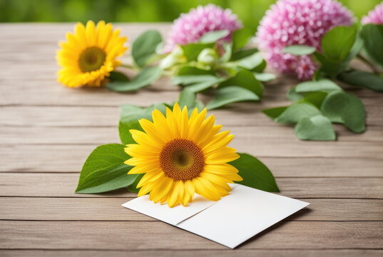 Yellow flowers and note on wooden background