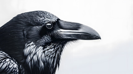 Close-up drawing of raven head isolated on a white background - obrazy, fototapety, plakaty
