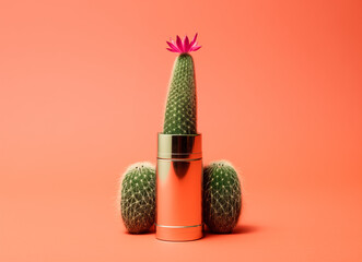 cactus lipstick phallus.Minimal creative make up and sexual concept.Copy space,top view.Generative Ai