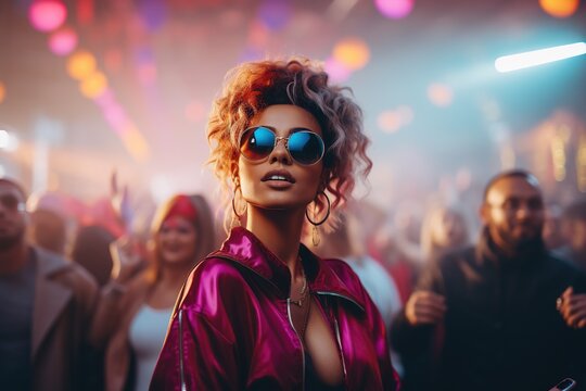 Charming young woman in a stylish outfit and sunglasses having fun in a nightclub under neon lights among dancing people