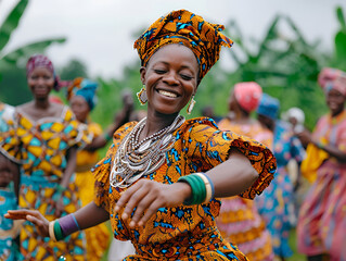 A young African woman in bright clothes and jewelry is dancing a traditional dance