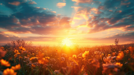Fototapeta na wymiar Setting Sun Over Easter Field of Flowers