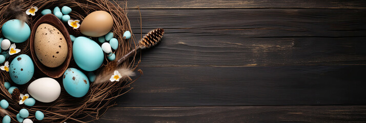 A Birds Nest Filled With Blue and White Eggs - obrazy, fototapety, plakaty