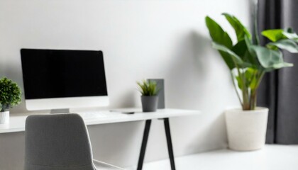 Fototapeta premium Immagine orizzontale studio con scrivania computer e piante minimal bianco generato con ai