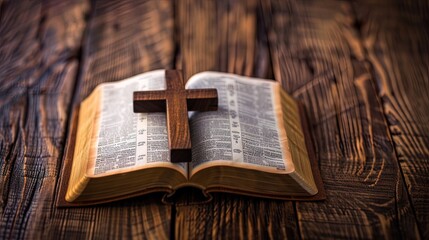 Obraz premium Open bible with a wooden cross on it on a dark wooden background, ai generative