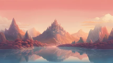 Photo sur Plexiglas Paysage fantastique beautiful fantasy landscape background illustration with lake,mountain view, sky and trees