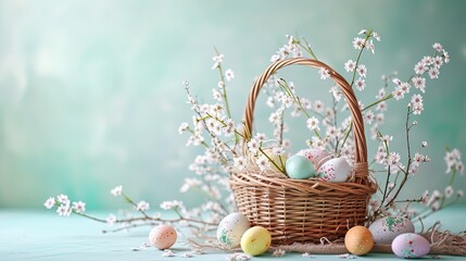 Basket with easter eggs and spring flowers on turquoise background, ai generative