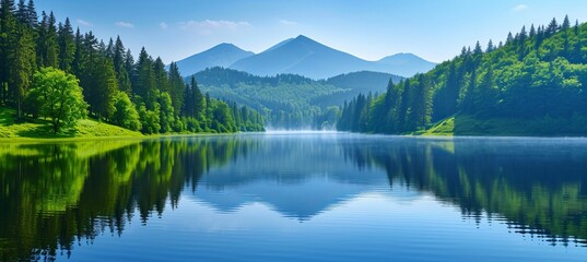 Ethereal fog over a serene mountain lake in a breathtaking panoramic view at dawn