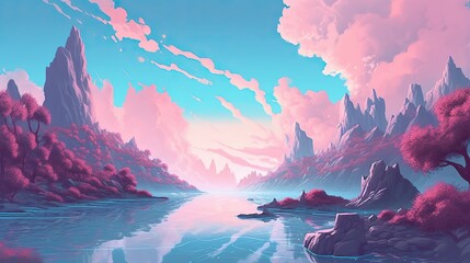 beautiful fantasy landscape background illustration with lake,mountain view, sky and trees