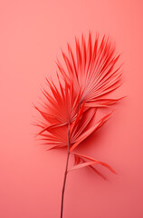 Red Palm leaf on pastel pink background with copy space. Tropical summer concept. Minimal flat lay