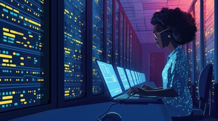 Laptop, network and data center with a black woman it support engineer working in a dark server room. Computer, cybersecurity and analytics with a female programmer problem solving or troubleshooting  - obrazy, fototapety, plakaty