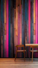 Wooden table and chairs in a room with a colorful wooden wall made of wooden slats.Minimal interior concept.Copy space,top view.Trendy social mockup or wallpaper