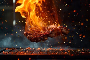 A hearty steak on fire, sizzling on a hot grill