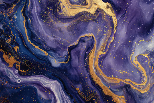Blue and purple marble and gold abstract background texture. Indigo ocean blue marbling with natural luxury style swirls of marble and gold powder.
