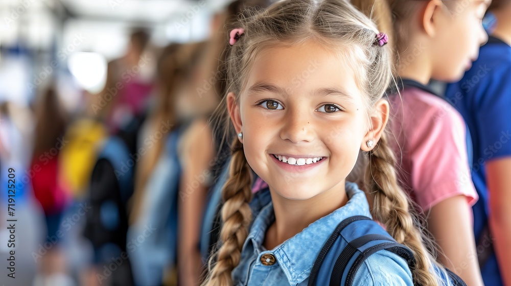Poster smiling elementary student girl walking to school building with copy space for text placement