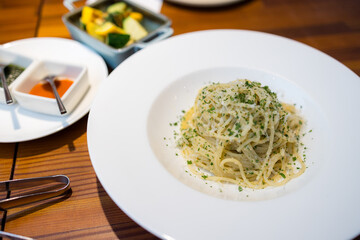Cheese pasta on the white plate